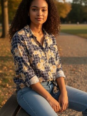NWT Notations Navy Plaid Floral Button Up Blouse Size 2X